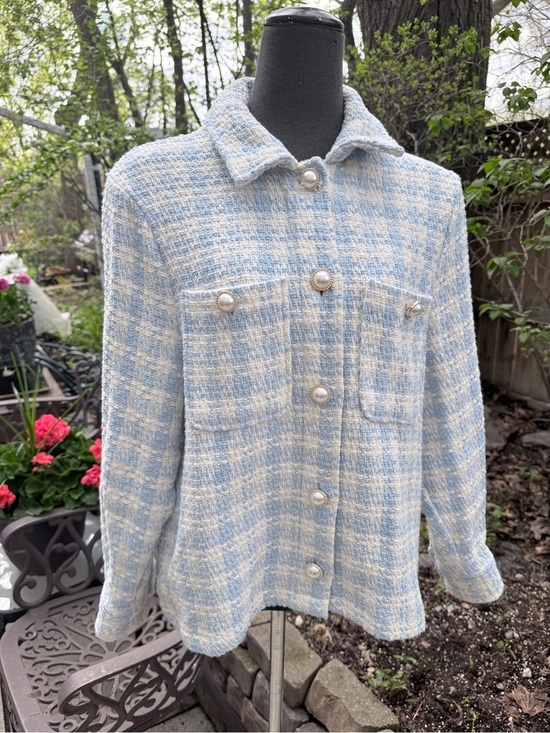 C By One Jackets & Blazers - Classic Tweed Women's Jacket in Light Blue and Cream